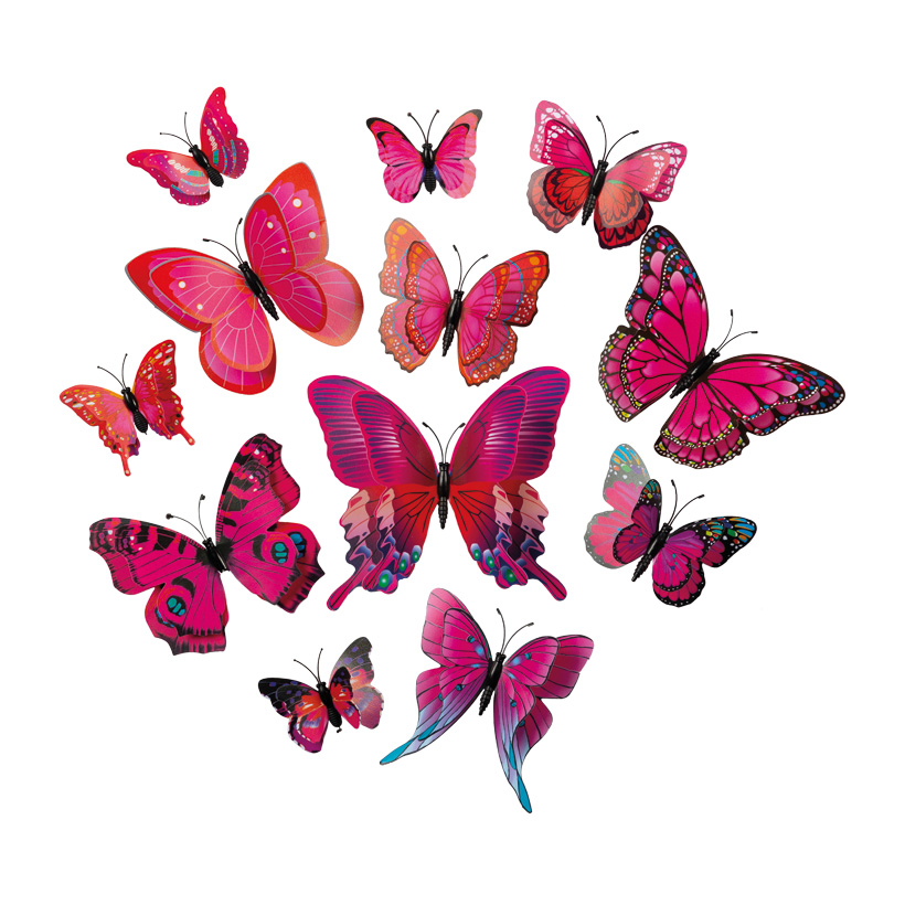 3D Schmetterlinge, 6-12cm 12-fach, aus Kunststoff, im Beutel, mit Magnet inklusive Klebepunkte