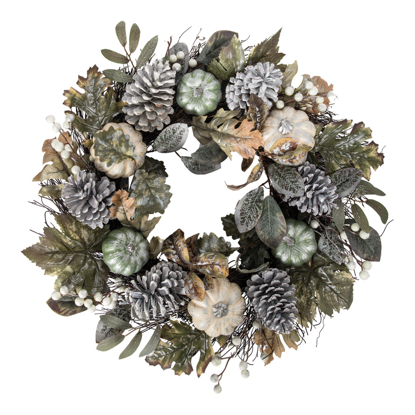 Tannenkranz, Ø 56cm dekoriert, mit Zapfen, Blättern, Beeren, & Mini-Kürbissen