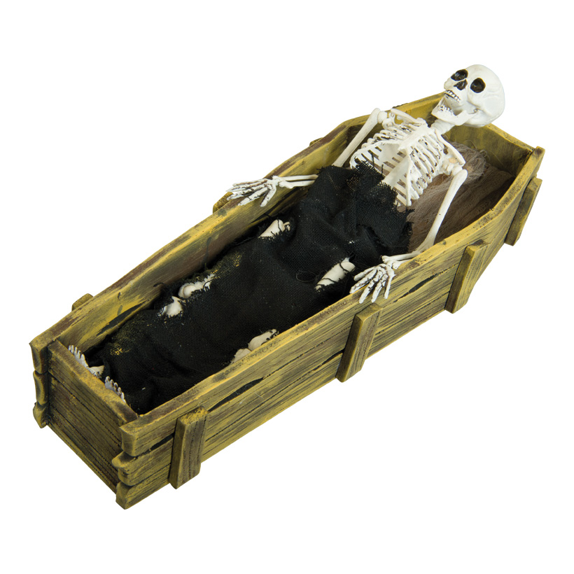 Skelett im Sarg, 44x15x9cm macht Geräusche und bewegt sich, aus Styropor/Kunststoff/Stoff, batteriebetrieben, 3x AAA, nicht inklusive