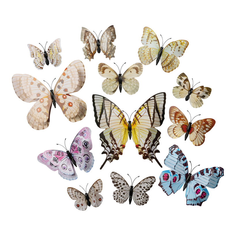3D Schmetterlinge, 6-12cm 12-fach, aus Kunststoff, im Beutel, mit Magnet inklusive Klebepunkte