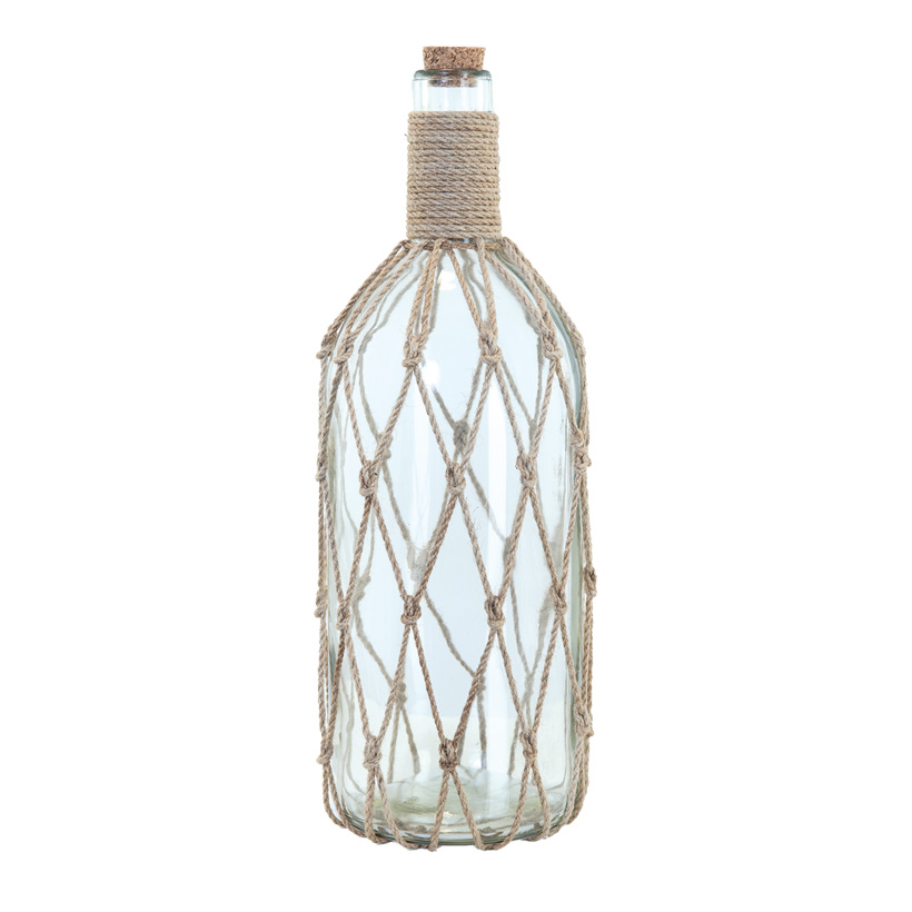 Message bouteille avec bouchon en liège, H: 38cm décoré avec corde, en verre