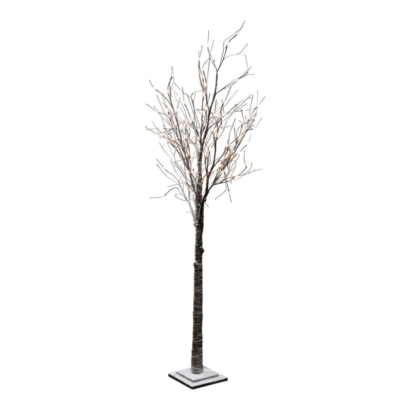 LED-Baum 200cm Holzfuß: 24x24x3,5cm mit 120 LEDs, aus Kunststoff, beschneit, 5m Zuleitung, mit IP44 Transformer