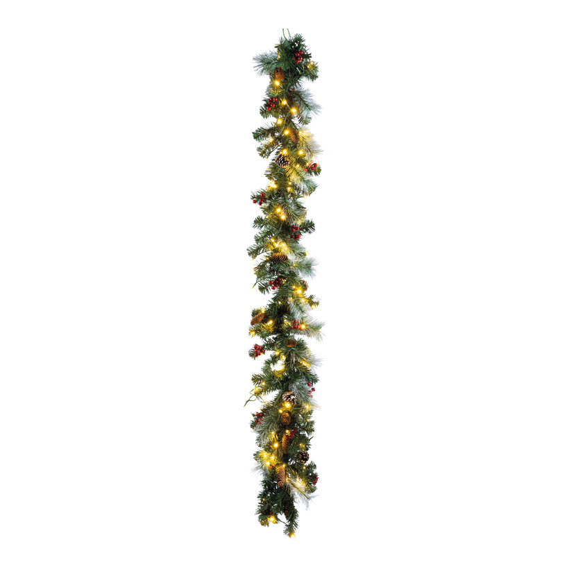 Tannengirlande, beschneit, 180cm Ø 30cm aus Kunststoff, mit 100 warm weißen LEDs, einseitig dekoriert mit Zapfen und Beeren