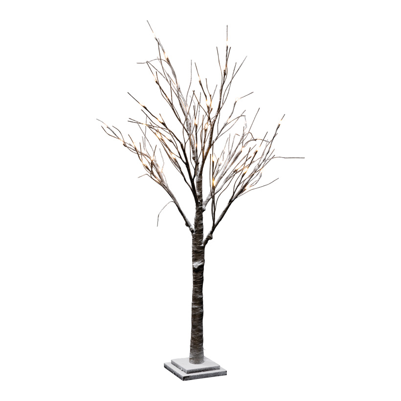 LED-Baum 120cm Holzfuß: 17x17x3cm mit 120 LEDs, aus Kunststoff, beschneit, 5m Zuleitung, mit IP44 Transformer