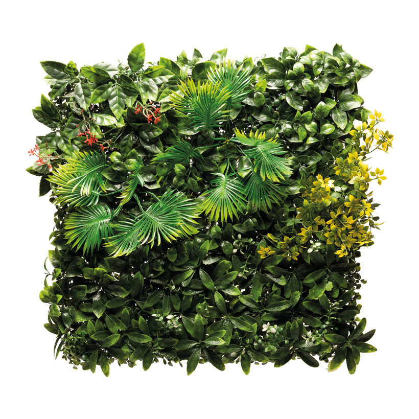 Blätterpaneel, 50x50cm aus Kunststoff, mit Blumen, verschiedenen Blattpflanzen