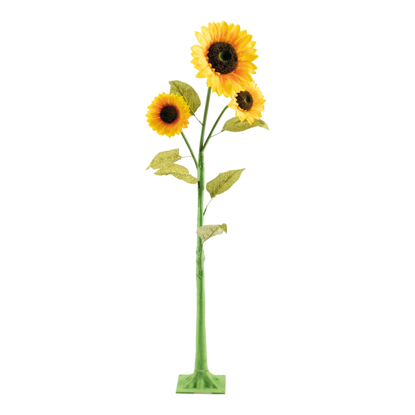 Sonnenblume, 120cm Blüte: Ø26cm, Ø18cm, Ø16cm 3-fach, aus Kunststoff/Kunstseide, 2-teilig, 6 Blätter, Plastikfuß: 17x17cm