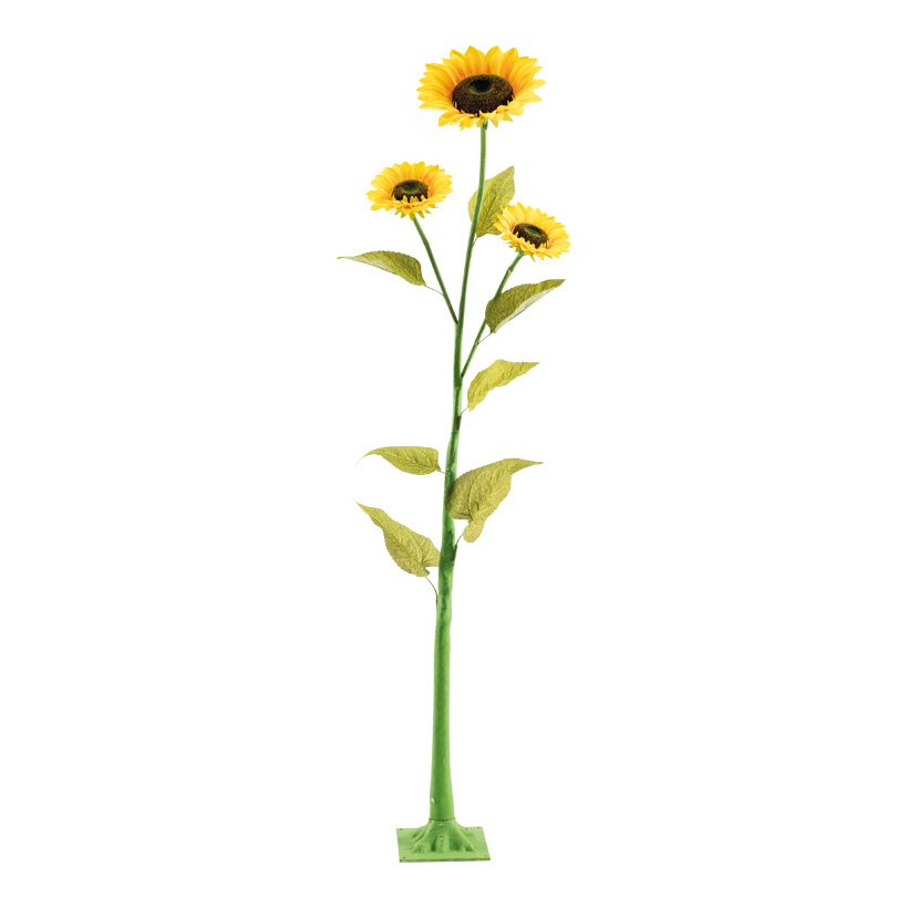 Sonnenblume, 150cm Blüte: Ø26cm, Ø18cm, Ø16cm 3-fach, aus Kunststoff/Kunstseide, 2-teilig, 7 Blätter, Plastikfuß: 17x17cm