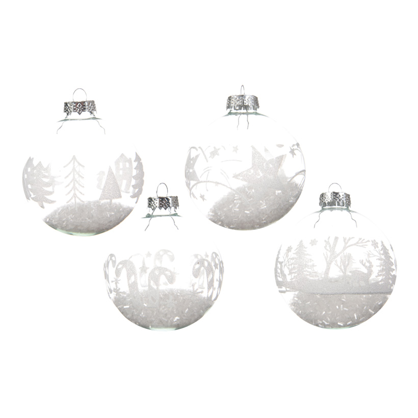 # Glaskugeln Ø 8cm gefüllt mit Kunstschnee, im 12er-Set, 4  Designs sortiert