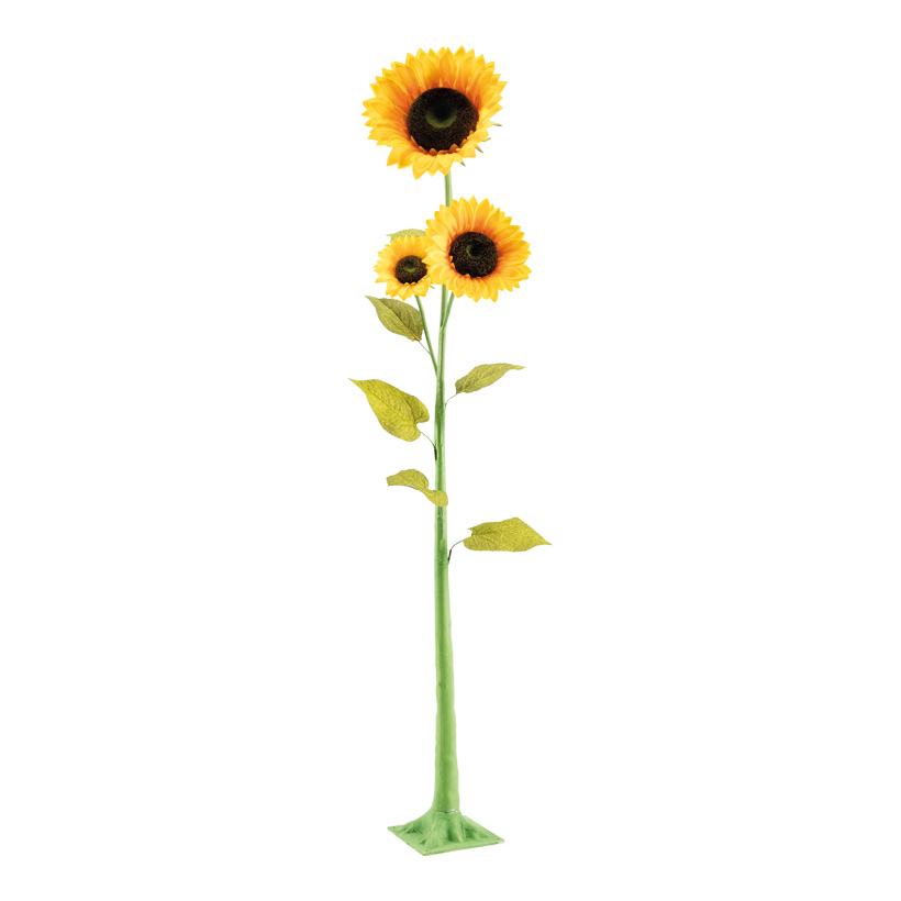 Sonnenblume, 180cm Blüte: Ø 36cm, Ø 26cm, Ø 18cm 3-fach, aus Kunststoff/Kunstseide, 2-teilig, 6 Blätter, Plastikfuß: 21x21cm